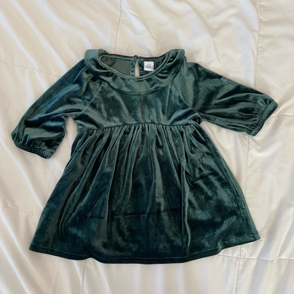 Baby Gap Velour Ruffle Collar Dress, Green, 18-24 months